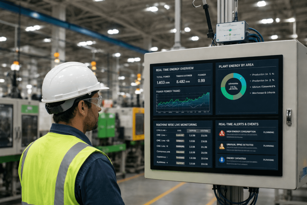 Worker monitoring real-time energy data on HMI panel in manufacturing plant